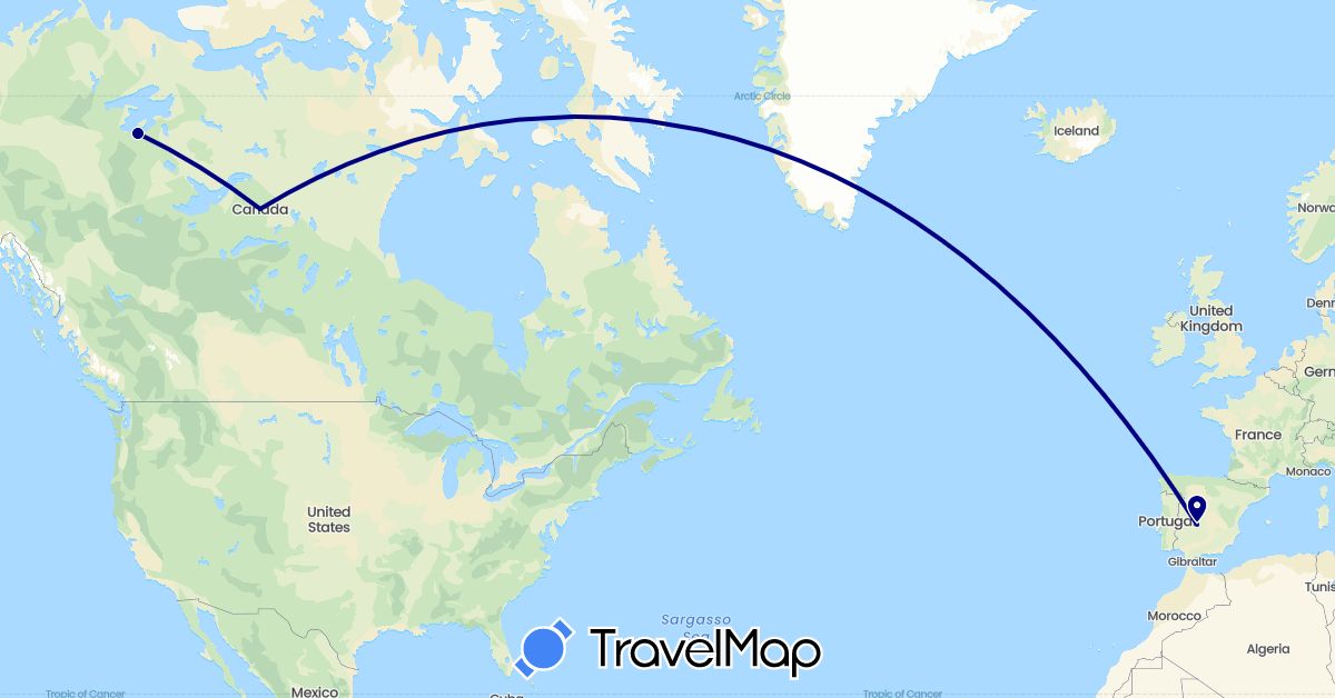 TravelMap itinerary: driving in Canada, Spain (Europe, North America)
